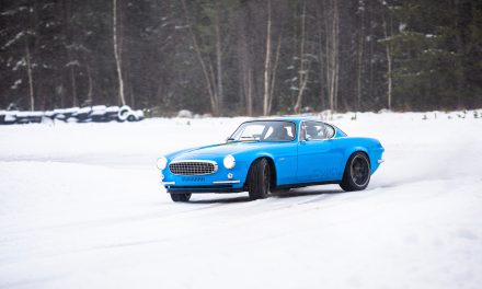 Volvo P1800 Cyan, throwing the car sideways between the snow walls in minus-20 degrees Celsius.